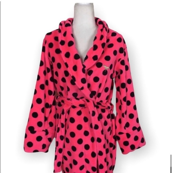 Victoria’s Secret Pink women’s polka dot hot pink plush robe size XS/S cozy warm - Picture 10 of 10